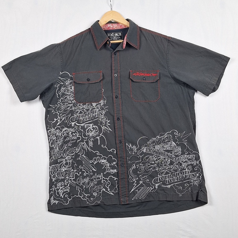 Ecko Unltd Vintage Y2K Streetwear Graphic Button Down Shirt Grey XXL 100% Cotton